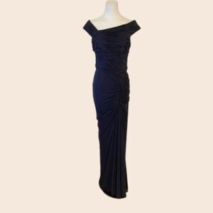 Tadashi Shoji Black Ruched Asymmetrical Floor Length Gown Size Medium